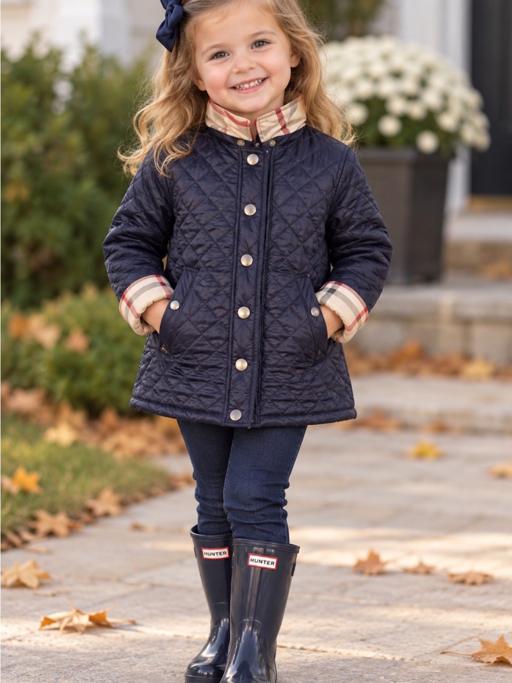 Burberry Kids Navy Quilted Coat with Contrast Check Trim Sz 3